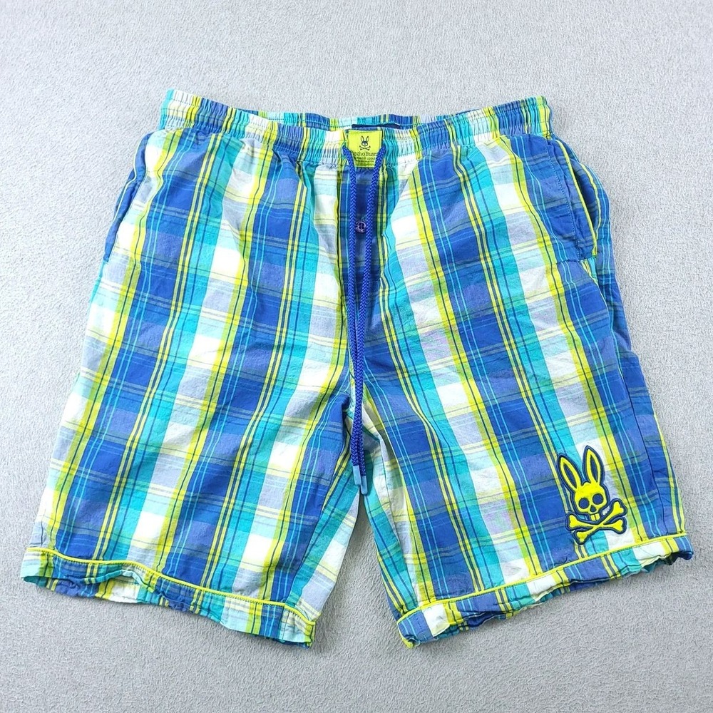 Psycho Bunny Lounge Shorts Mens Medium Blue Green Plaid Cotton Drawstring